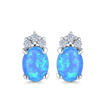 Oval Stud Earrings Lab Created Blue Opal 925 Sterling Silver(12mm)